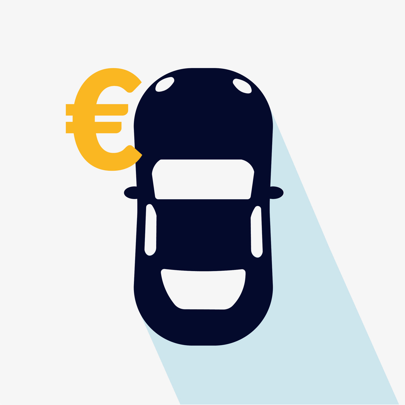 Icon eines dunkelblauen Automobils von oben. Es ist von unten nach oben ausgerichtet. Oben links neben der Motorhaube ist ein gelbes Euro-Zeichen.