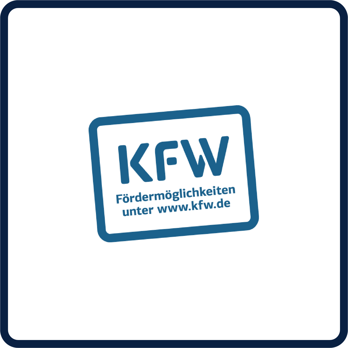 in der Mitte des Bildes steht in blauen Buchstaben "KFW Fördermöglichkeiten unter www.kfw.de". Der Schriftzug ist blau umrandet auf weißem Hintergrund.