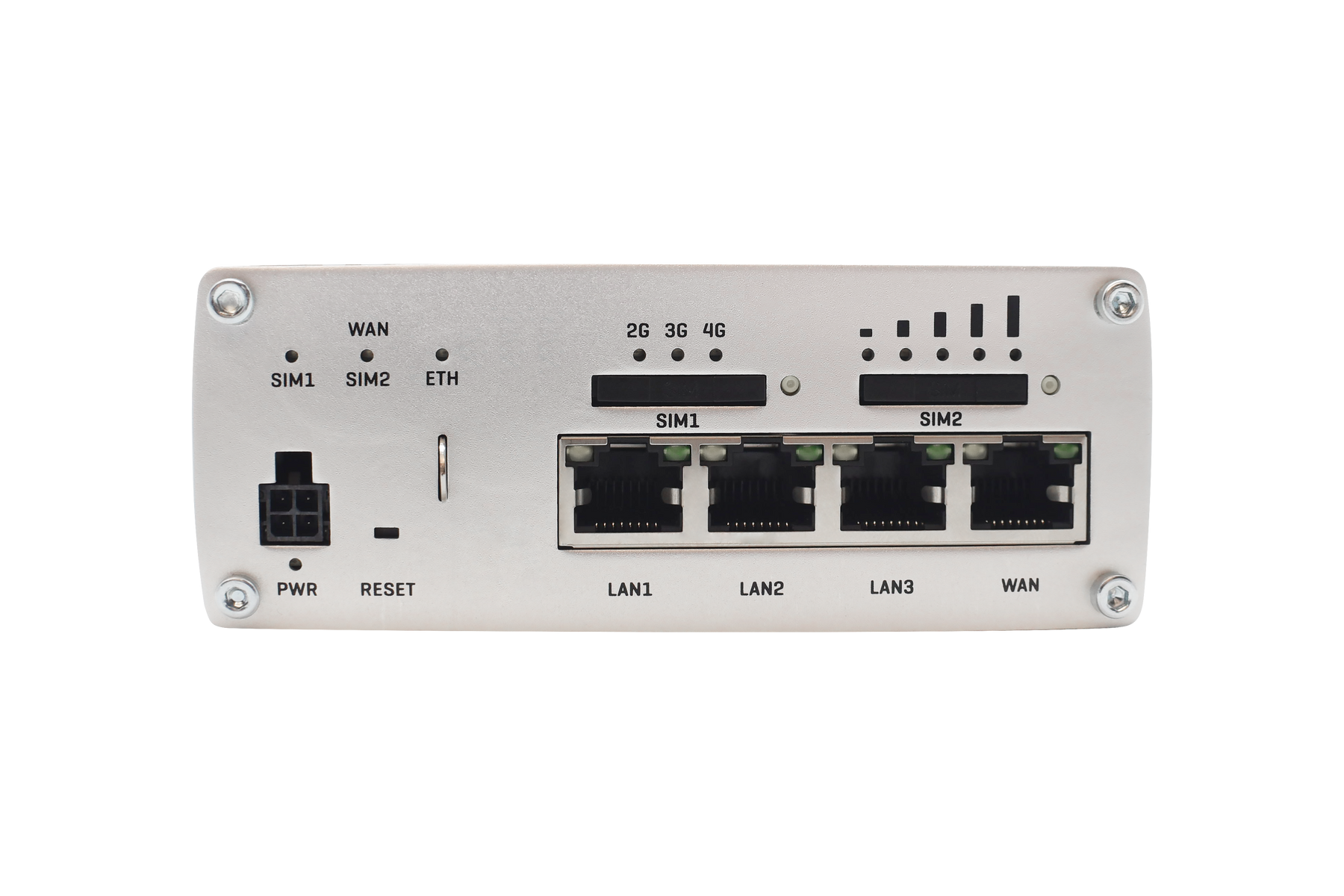 Bild eines RUTX09 von der Seite. Zu sehen ist der Anschluss für das Netzteil, ein Reset Knopf und 4 LAN-Anschlüsse. Über dem Anschluss für das Netzteil sind 3 Signalleuchten beschriftet mit SIM1, SIM2, ETH. Über den LAN-Anschlüssen sind zwei SIM-Karten Slots. mit Signalleuchten.