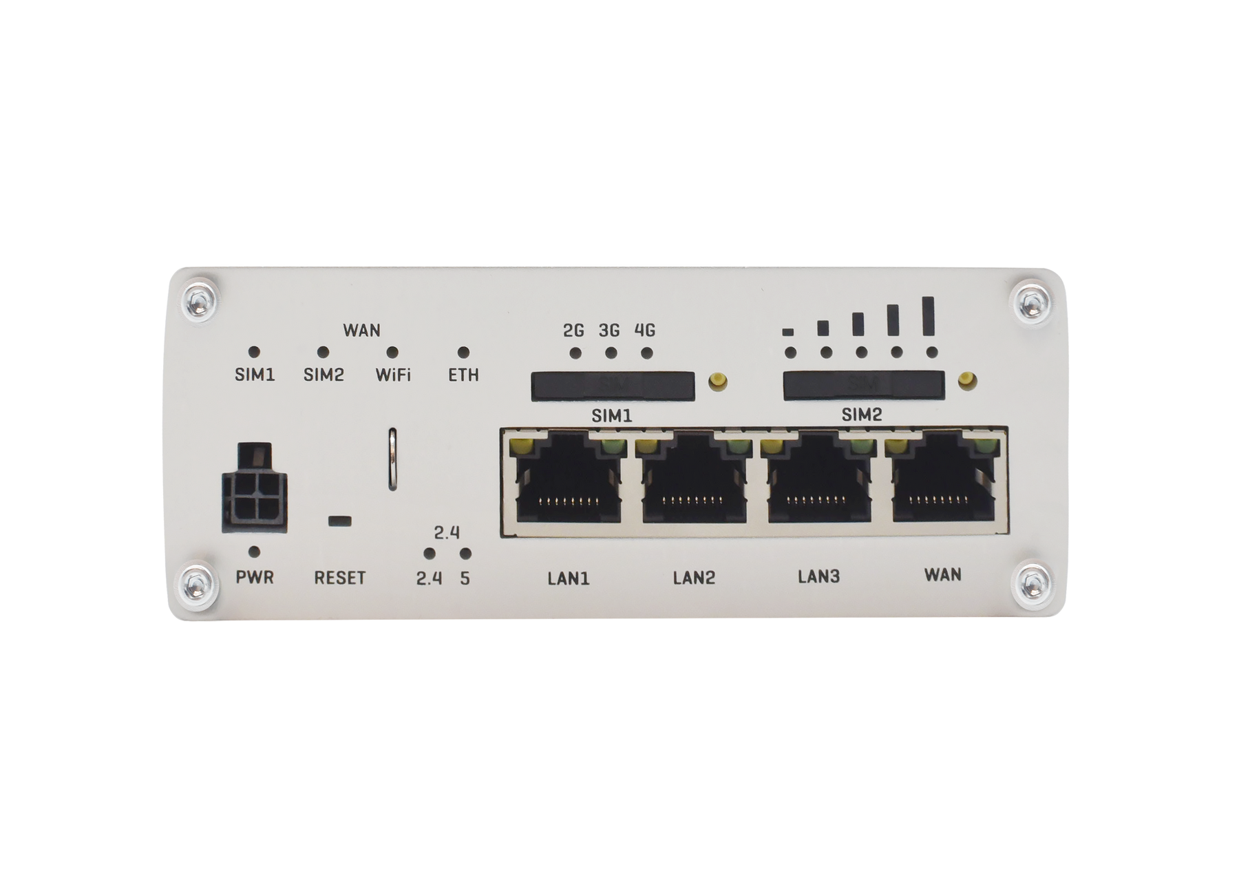 Bild eines RUTX11 von der Seite. Zu sehen ist der Anschluss für das Netzteil, ein Reset Knopf und 4 LAN-Anschlüsse. Über dem Anschluss für das Netzteil sind 4 Signalleuchten beschriftet mit SIM1, SIM2, WiFi, ETH. Über den LAN-Anschlüssen sind zwei SIM-Karten Slots. mit Signalleuchten.