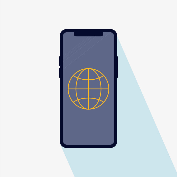 Icon eines dunkelblauen Smartphones von vorne. Im Bildschirm ist ein gelbes Icon eines Globus zu sehen.