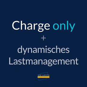 Ein dunkelblauer Hintergrund auf dem der Schriftzug Charge only + dynamisches Lastmanagement" steht. Unten das becharged Logo.