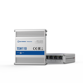 Frontalansicht des TSW110. Dahinter liegt ein weiterer Switch so, dass die LAN-Anschlüsse zu sehen sind.