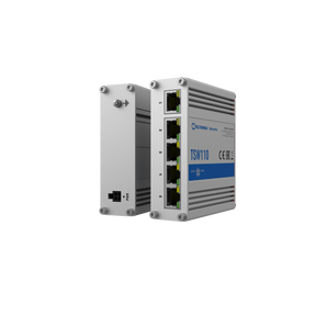 Seitlich Ansicht beider Seiten des Switches. Auf der einen Seite ist der Anschluss für das Netzteil zu sehen, auf der anderen Seite 5 LAN Anschlüsse.