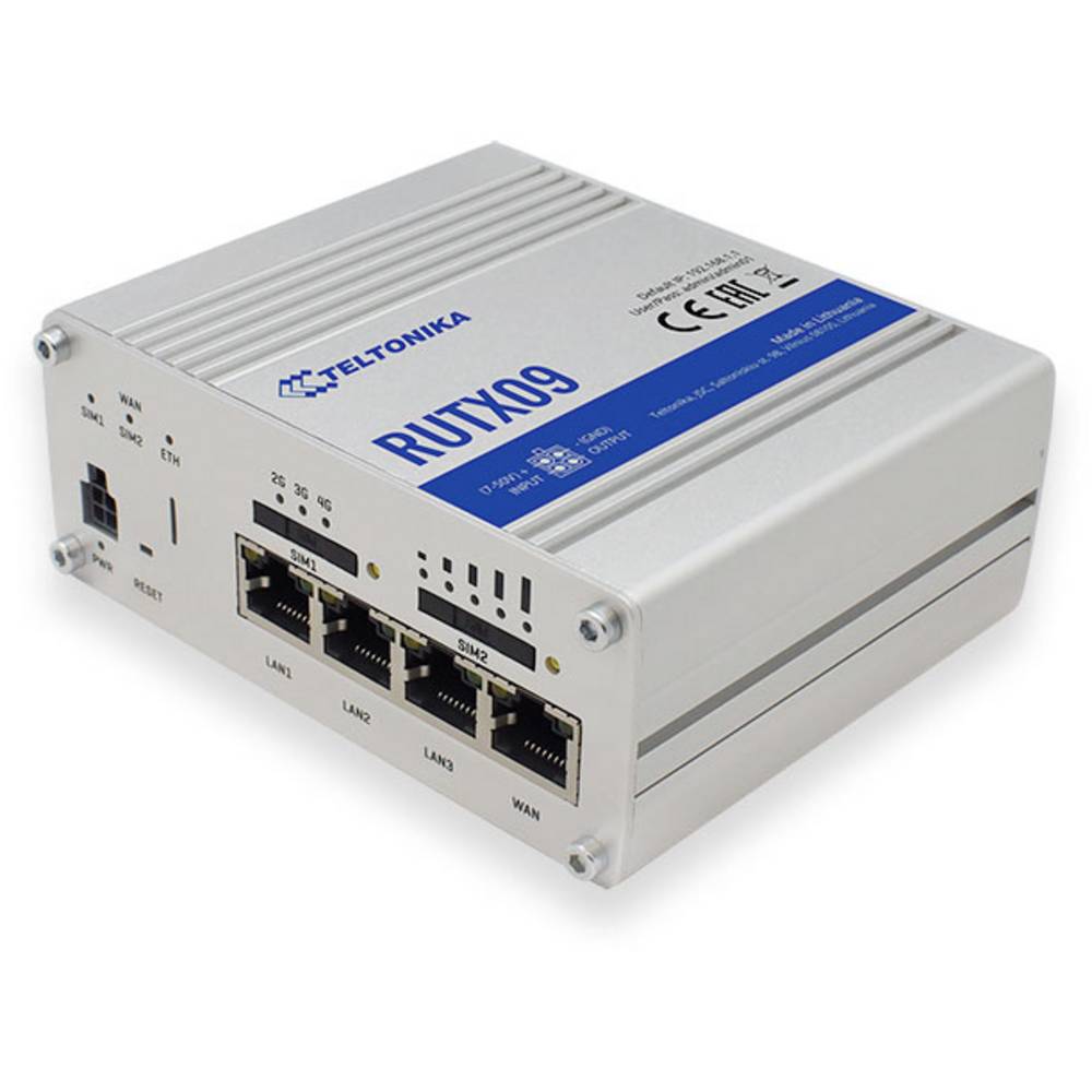 Bild eines RUTX09 von schräg links. Zu sehen ist der Anschluss für das Netzteil und 4 LAN-Anschlüsse. Über den LAN-Anschlüssen sind zwei SIM-Karten Slots.